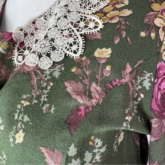 Laura Ashley Vintage Green Floral Long Sleeve Lace Collar Maxi Dress UK 10-12 - Picture 13 of 14
